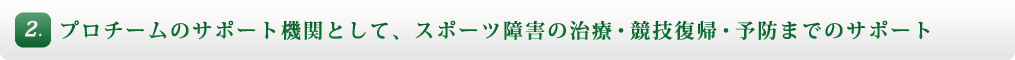 2. プロチームのサポート機関であり、スポーツ障害の治療、競技復帰、予防までのサポート